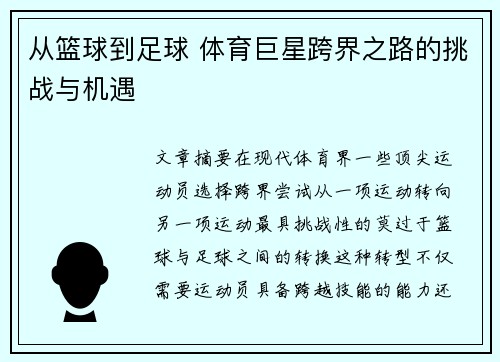 从篮球到足球 体育巨星跨界之路的挑战与机遇